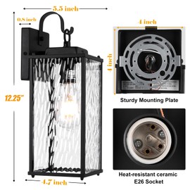 Sparluvix 12 Inch Outdoor Wall Sconces with Water Ripple Glass 2-Pack, IP65 Waterproof Matte Black Exterior Light Fixtures Outside Lights for House Front Porch Lanterns Patio Garage Lights, E26