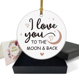 REWIDPARTY Best Love Gifts for Her Him Round Shaped Plaque for Couple Christmas Decoration I Love You to The Moon & Back Ornament Keepsake 3" Circle Ceramic Ornament with Gold Ribbon & Gift Box