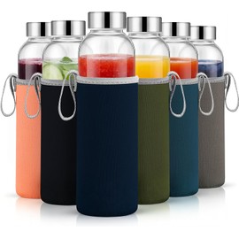 Vesici 12 Set 18 oz Clear Glass Water Bottles, Reusable Glass Juicing Bottles with Protection Sleeve and Stainless Steel Leak Proof Lids for Milk Smoothie Juice Beverage Tea (Colorful,Low Profile)