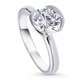 BERRICLE Sterling Silver Solitaire Wedding Engagement Rings 2 Carat Half Bezel Set Round Cut Cubic Zirconia CZ Ring for Women, Rhodium Plated Size 4-10, US 5, Metal, Cubic Zirconia