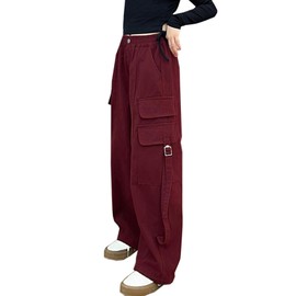 Girls' High Waisted Multi-Pocket Baggy Cargo Pants, Red, 11-12 Years = Tag 160