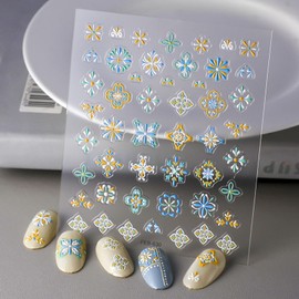 5D Embossed Nail Art Stickers Nail Decals Bohemia Flower Retro Yellow White Blue Designs Gel Nail Art Supplies Accessories Colorful Nail Stickers for Women Nail Decoration