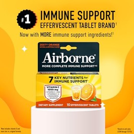 Airborne Immune Support Effervescent Tablets, Zesty Orange Flavor - 10ct with 1000mg Vitamin C + Vitamins A, D, E, Zinc, Selenium, Manganese & Herbal 