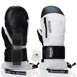 devembr Ski Mittens with Wrist Guards, Waterproof Snowboarding Mittens, White, L