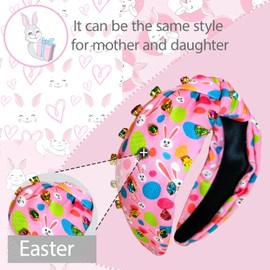 OCOUYVD Easter Bunny Jeweled Knotted Headband Rabbits Rhinestone Crystal Embellished Wide Top Knot Happy Easter Hairband Hair Accessories Easter Spring Birthday Gift for Women Girls