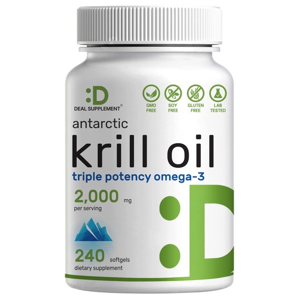 DEAL SUPPLEMENT Antarctic Krill Oil 2000mg Softgel | 240 Counts - No Fishytaste - Triple Potency Omega-3s, EPA 240mg, DHA 160mg, Astaxanthin 800mcg, & Phospholipids – No Mercury, Non-GMO, No Gluten