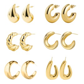 AIMCOO 14K Gold Plated Hoop Earrings for Women, Thick Lightweight Chunky Big Hoop Hypoallergenic Earrings Set, Trendy Twisted Huggie Hoops Earrings Jewelry, Birthday Gifts for Women (6 pairs)