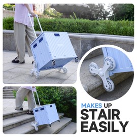 Folding Rolling Cart on Stair Climbing Wheels : Rolling Crate for Grocery File Office Book (Blue)