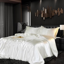 Satin Bed Linen Set 135 x 200 cm 2-Piece White Shiny Silky Touch Plain Duvet Cover Set Silk Smooth Luxury Bedding Set Glossy Satin Polyester Single Bed with Zip and Pillowcase 80 x 80 cm