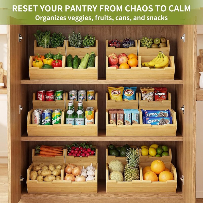 Bamboo Pantry Storage Bins, Stackable Potato and Onion Storage Bin