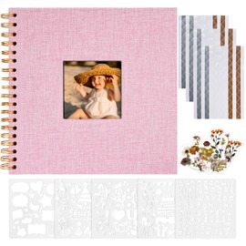 Vienrose DIY Photo Album, 20.5 x 20.5 cm, Linen Photo Album with 40 White Pages, Blank Kraft Paper, DIY Scrapbook Spiral Album Set for Babies, Families, Weddings, Anniversary, Pink