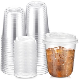Baderke 25 Sets 14oz Disposable Crystal Clear Plastic Cups With Lids, Round Bottom Iced Coffee Cups With Lid for Smoothie, Cold Beverages, Drinking Tumblers, Cold Drinks for Party, Wedding, Event