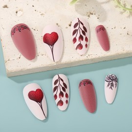 CJDLTS Press on Nails Medium Almond False Nail Red Love Heart Flower Pattern Design Full Cover Artificial Acrylic Nails Press Ons Fingernails 24Pcs Glossy Reusable Stick on Nail for Women