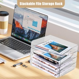 Clear Stackable Paper Trays 4 Pack, Desktop Racks with 4 File Bags, PET Clear Desk Letter Tray Set, Stackable Desk Organizer for Books, Magazines, Folders, A4 Size File Paper, Notes, Pens -Clear