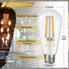DiCUNO ST58 Edison Bulbs 60W, Warm White 2700K, Dimmable, 6W LED Edison Bulb, High CRI of 92, Vintage ST58 LED Filament Light for Decoration, 800lm, E26 Base, Clear Glass, Pack of 10