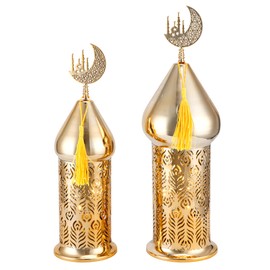 TRIROCKS Ramadan Lanterns Set of 2 14" &12" Gold Electric Candle Holders with Timer, Metal Decorative Vintage Lanterns for Indoor/Outdoor Decor, Perfect EID Mubarak Gift