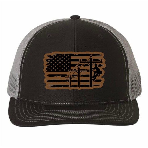 Generic Lineman American Flag, leather Patch Hat, Journeyman Lineman Hat,