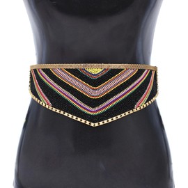 Cinturones bohemios hechos a mano con abalorio étnicas, cinturón elástico ancho para niñas y mujeres, negro (Black Triangles), 35"