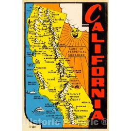 Historic Pictoric Map : California : Land of Perpetual Sunshine Vintage Postcard, 1950, Vintage Wall Decor : 24in x 36in