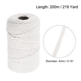 sourcing map Cotton Rope Twisted Braided Twisted Single Strand Cord, Milky White 200M/219 Yard 4mm Dia for Wall Hanging, Plant Hanger, Knitting, Macrame Knotting