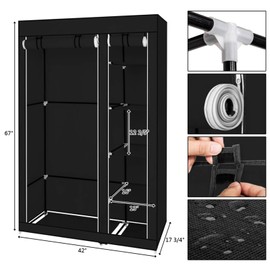 COOBL Non-Woven Fabric Portable Closet,Clothes Storage Organizer 6 Shelves,1 Clothes Hanging Rail,Metal Frame, 42 x 17.7 x 67 Inches (Black)