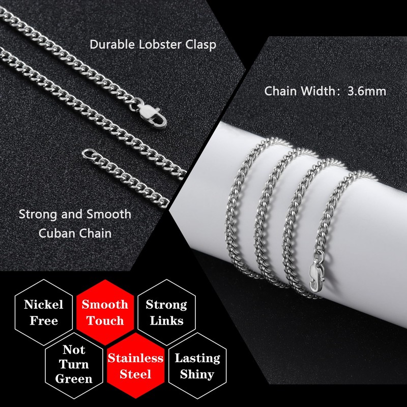 HEXALOVA 3.6mm Cuban Link Chain for Men Silver Chain for
