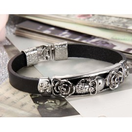 Flongo Leather Bracelet Bangle Cuff Black Silver Cuff Skull Skeleton Rose Roses Retro Motorcyclist Biker Men Women, Leather Metal, Without Stone