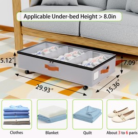 Under Bed Storage with Wheels, 2 Packs Under Bed Storage Containers, Closet Organizer with Clear Lid and Leather Handles, Rolling UnderBed Bins Drawers for Clothes,Shoes,Toys, Books, Blankets-Grey