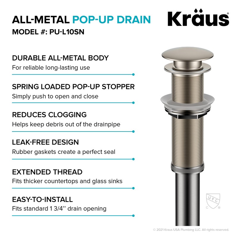 KRAUS Bathroom Sink Pop-Up Drain Assembly in Satin Nickel for