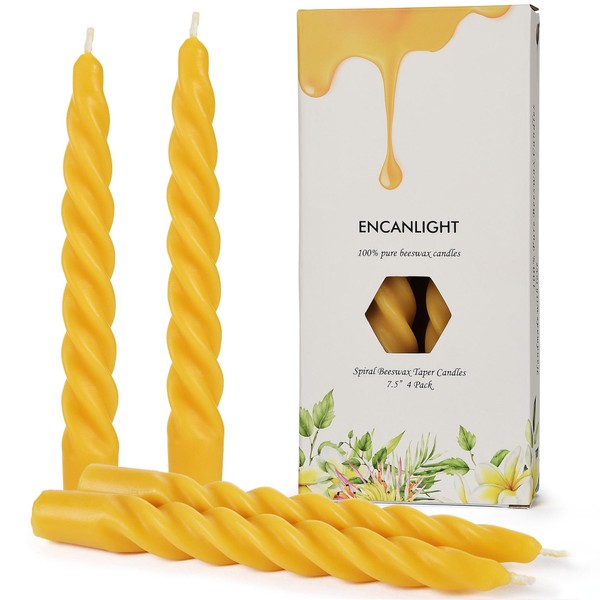 Beeswax Taper Candles, 7.3 inch Spiral Bees Wax Tapered Candle