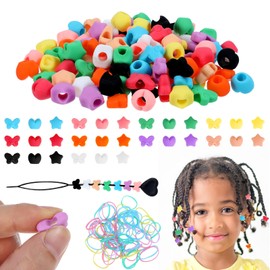 120 Pcs Silicone Hair Beads for Kids Girls Braids, Colorful Soft Beads for Hairs Accessories, Butterfly Heart Five-Pointed Star Bead Set with Elastic Hairs Ties and Hair Beading Tool