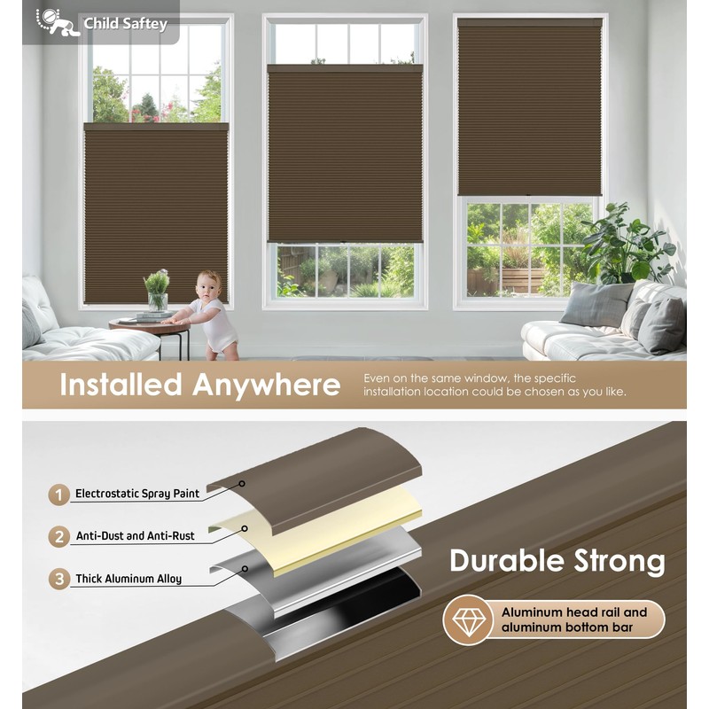 LazBlinds No Tools No Drill Cordless Cellular Shades, Blackout Light