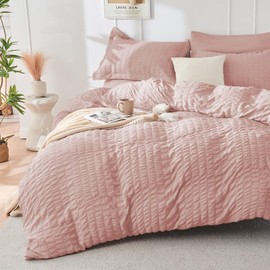HYMOKEGE Rose Gold Full Size Comforter Sets Seersucker 7 Pieces, All Season Luxury Bed in a Bag for Bedroom, Bedding Set with Comforters, Sheets, Pillowcases & Shams