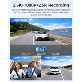 AZDOME M550 3 Channel Dash Cam, 4K+2.5K Dual Dash Camera for Cars Built-in WiFi GPS, 1440P+1080P+1440P Front and Rear Inside, 64GB Card Included, 3.19" IPS Screen, WDR, IR Night Vision, Parking Mode