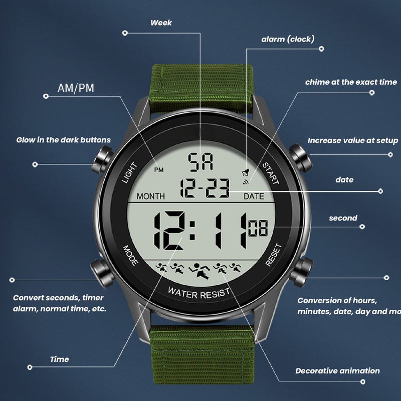 Men Digital Sports Watch Waterproof Alarm Countdown Dual Time Zone