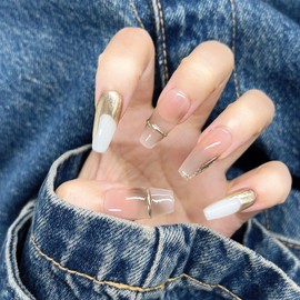 i-Laesh Press on Nails - Coffin Nails Handmade Hand-Painted - Large Reusable Easy Application - 15 Piece Set - Relax