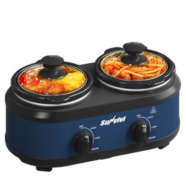 Sunvivi Double Slow Cooker,2 Removable Pots Small Mini Crock Buffet Server and Warmer with Adjustable Temp, Visible Glass Lids, Dishwasher Safe, 2 x 1.25 Quart, Blue