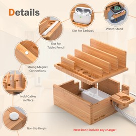 Pezin & Hulin Wooden Charging Docks, Docking Rack for Multi Devices, All In One Charging Station Organizer for Phones, Tablet, Smart Watch, Natural Bamboo