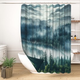 ChloropLastid Misty Forest Double Sided Shower Curtain Abstract Foggy Mountain Landscape Woodland Nature, Waterproof Fabric Bath Curtains for Bathroom Living Room Cubicle Decor 72x72 inch