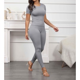 PINSV 2 Piece Sets for Women Summer Casual Jogger Workout Outfits Fitted Crew Neck T-shirt High Waist Legging Sets Grey S