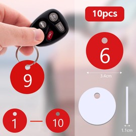Flintronic Pack of 10 Plastic Number Plates, Plastic ID Number Plates, Small Waterproof Number Tags, ID Tags with Hole, with Key Rings, for Wardrobe Hotel (Red, 1-10)