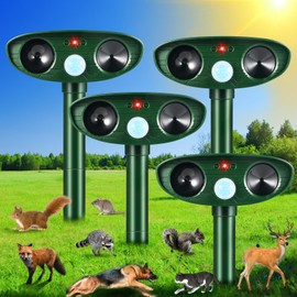 4 Pack Solar Ultrasonic Animal Repellent Outdoor Sonic Fortress Pro Deer Repellent Devices Cat Raccoon Squirrel Skunk Dog Rabbit Deterrent Waterproof Animal Repeller Motion Detection for Yard Farm