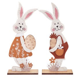 Bseical Pack of 2 Easter Decoration, Easter Decoration Rabbit for Standing, Easter Bunny Decoration Wood, Easter Bunny Decoration, Wooden Easter Decoration with Flowers and Wooden Base, for Easter