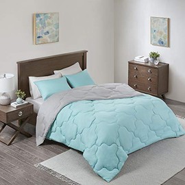 Comfort Spaces Vixie Reversible Comforter Set - Trendy Casual Geometric Quilted Cover, All Season Down Alternative Cozy Bedding, Matching Sham, Aqua/Gray, Twin/Twin XL 2 piece