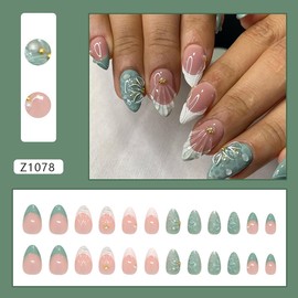 24Pcs Green Flower Press on Nails Short Almond Fake Nails Green White French Tip False Nails Camellia Floral Glue on Nails 3D Water Ripple Acrylic Nails Pearl Rhinestone Stick on Nails for Women Girls