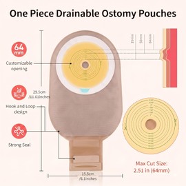30 Pack Colostomy Bags, One Piece Ostomy Supplies with Closure for Ileostomy Colostomy Urostomy Stoma Care, Cut-to-Fit Drainable Pouches, 64 mm Max