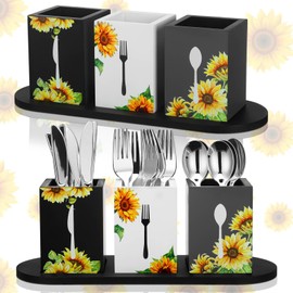 Lineshading 4 Pcs Silverware Caddy Sunflower Kitchen Decor Sunflower Silverware Holders Utensil Holder Silverware Organizer with Wood Tray Sunflower Kitchen Utensils Holder for Forks, Spoons, Knives