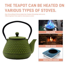 20.3oz Small Cast Iron Teapot, SECHUDO Cast Iron Tea Kettle for Stovetop Safe Coated with Enameled Interior, Cast Iron Tea Pot with Stainless Steel Infuser for Loose Tea (Green Honeycomb Pattern)