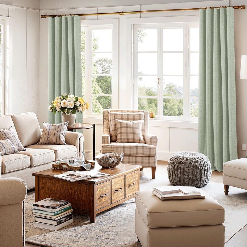 RYB HOME 100% Blackout Sage Green Linen Curtains, Light &