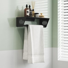 Qeke Bathroom Lavatory Towel Rack, Wall Mount Towel Holder Towel Hanger Shelf with Towel Bar, SUS 304 Stainless Steel Towel Rack for Bathroom and Lavatory, Matte Black, 14 Inch